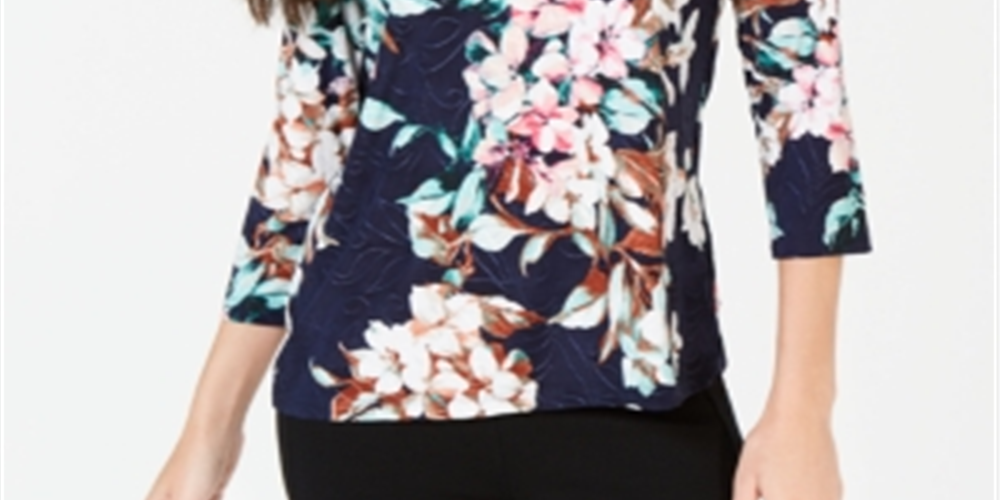JM Collection Women's Printed Jacquard Top Blue Size X-Large
