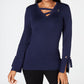JM Collection Women's Grommet Trim V Neck Top Blue Size Medium