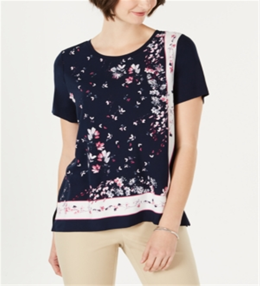 Charter Club Women's Printed Short Sleeve T-Shirt Blue Size Medium