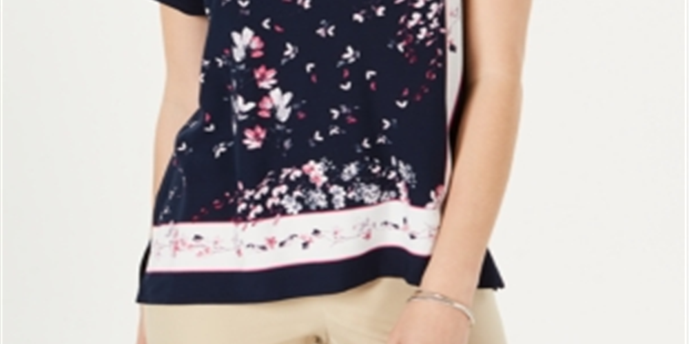 Charter Club Women's Printed Short Sleeve T-Shirt Blue Size Medium