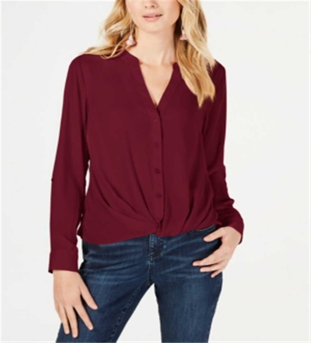 INC International Concepts Women's Twist Front Split Neck Button Down Top Red Size Small