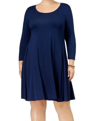 Style & Co Women's Plus Swing 3/4 Sleeves Casual Dress Blue Size 0X