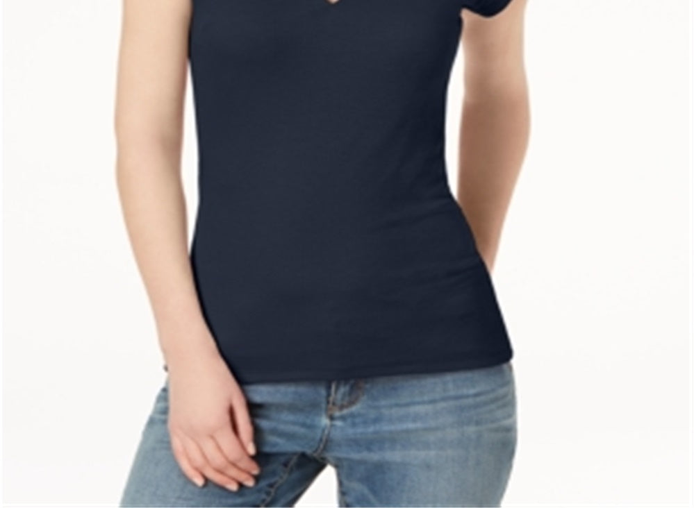 INC International Concepts Women's Short Sleeve Ribbed V Neck Top Blue Size X-Small
