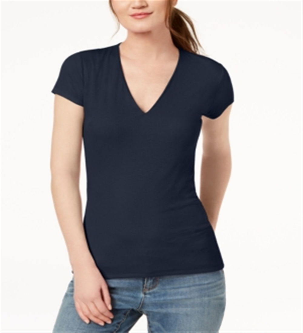 INC International Concepts Women's Short Sleeve Ribbed V Neck Top Blue Size X-Small