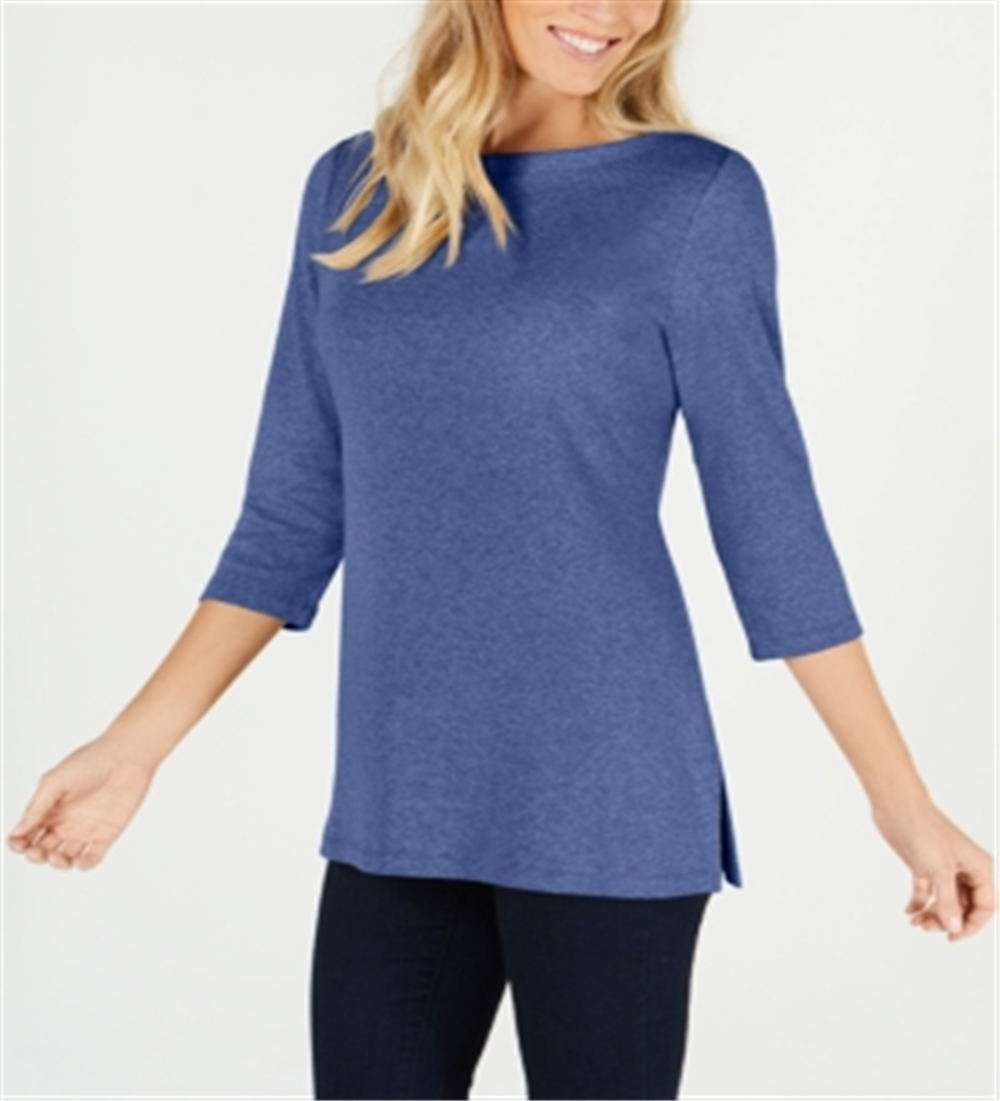 Karen Scott Women's Cotton Boat Neck 3/4 Sleeve Knit Top Blue Size X-Small