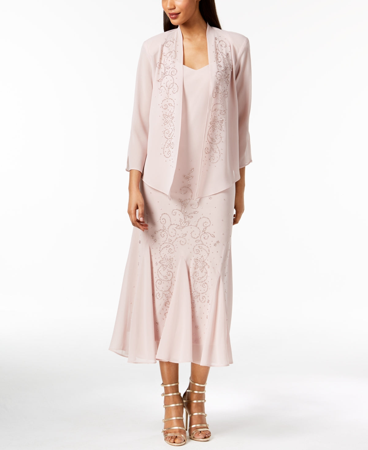 R & M Richards Women's Sleeveless Beaded V Neck Dress And Jacket Pink Size 14