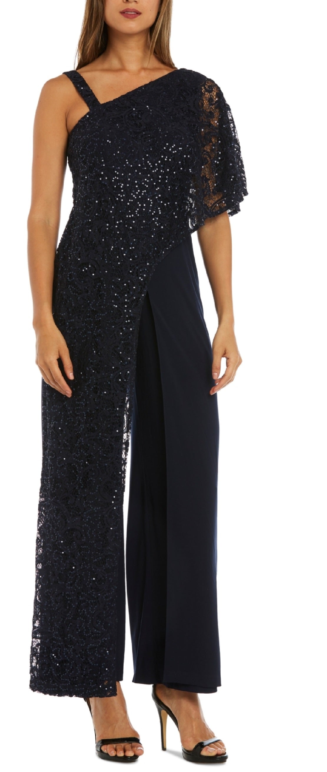 R & M Richards Women's One Shoulder Lace Jumpsuit Blue Size 6