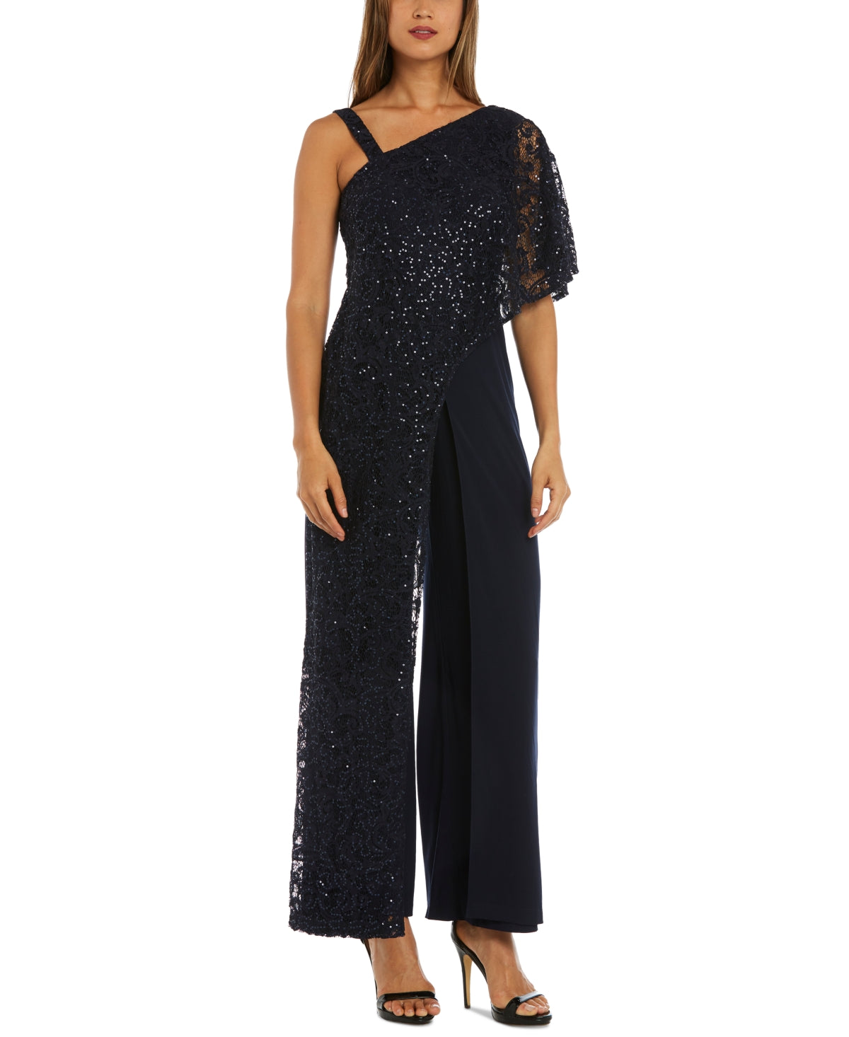 R & M Richards Women's One Shoulder Lace Jumpsuit Blue Size 12