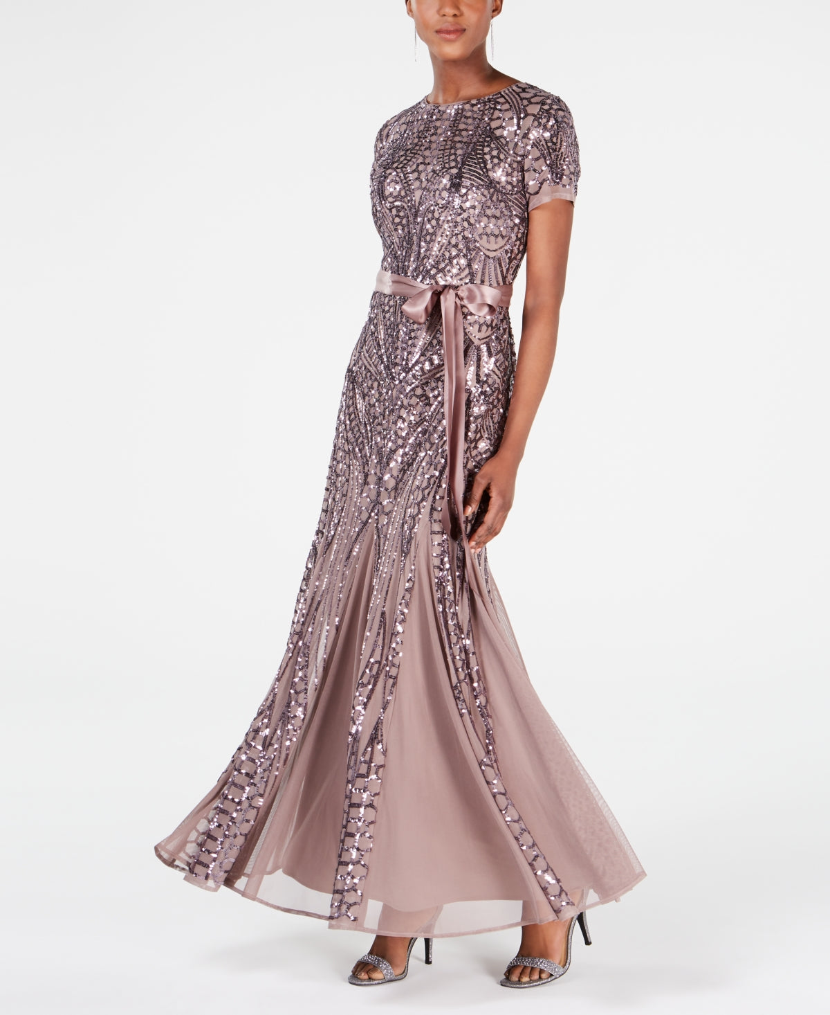 R & M Richards Women's Sequin Embellished Pleated Gown Brown Size 8
