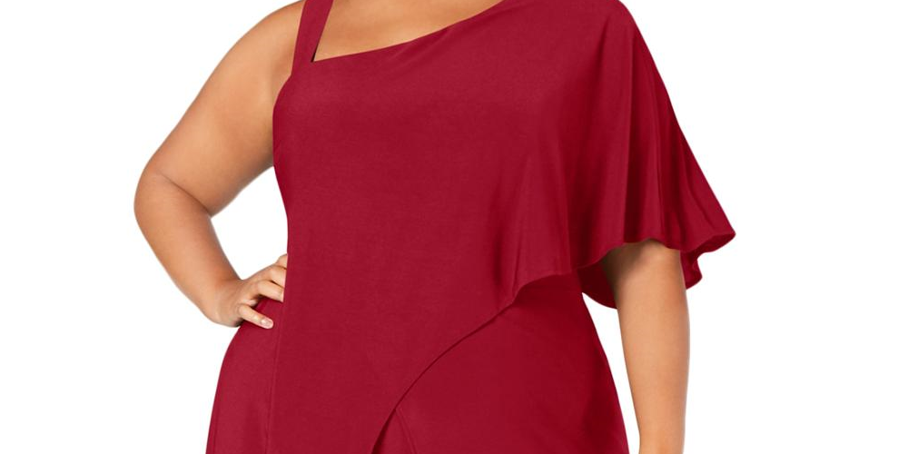 R M Richards Women's Bell Sleeve Asymmetrical Neckline Evening Wide Leg Jumpsuit Red Size 20W