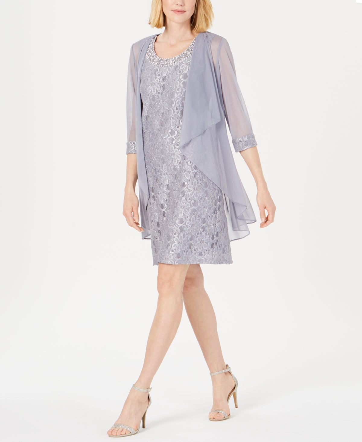 R & M Richards Women's Embellished Lace Sheath Dress & Jacket Gray Size 12