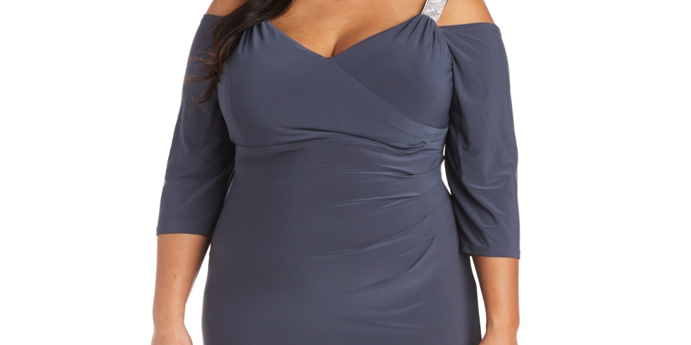 R & M Richards Women's Embellished Cold Shoulder Gown Gray Size 22W
