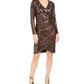 Nightway Women's Sequined Long Sleeve V Neck Knee Length Tulip Cocktail Dress Brown Size 14