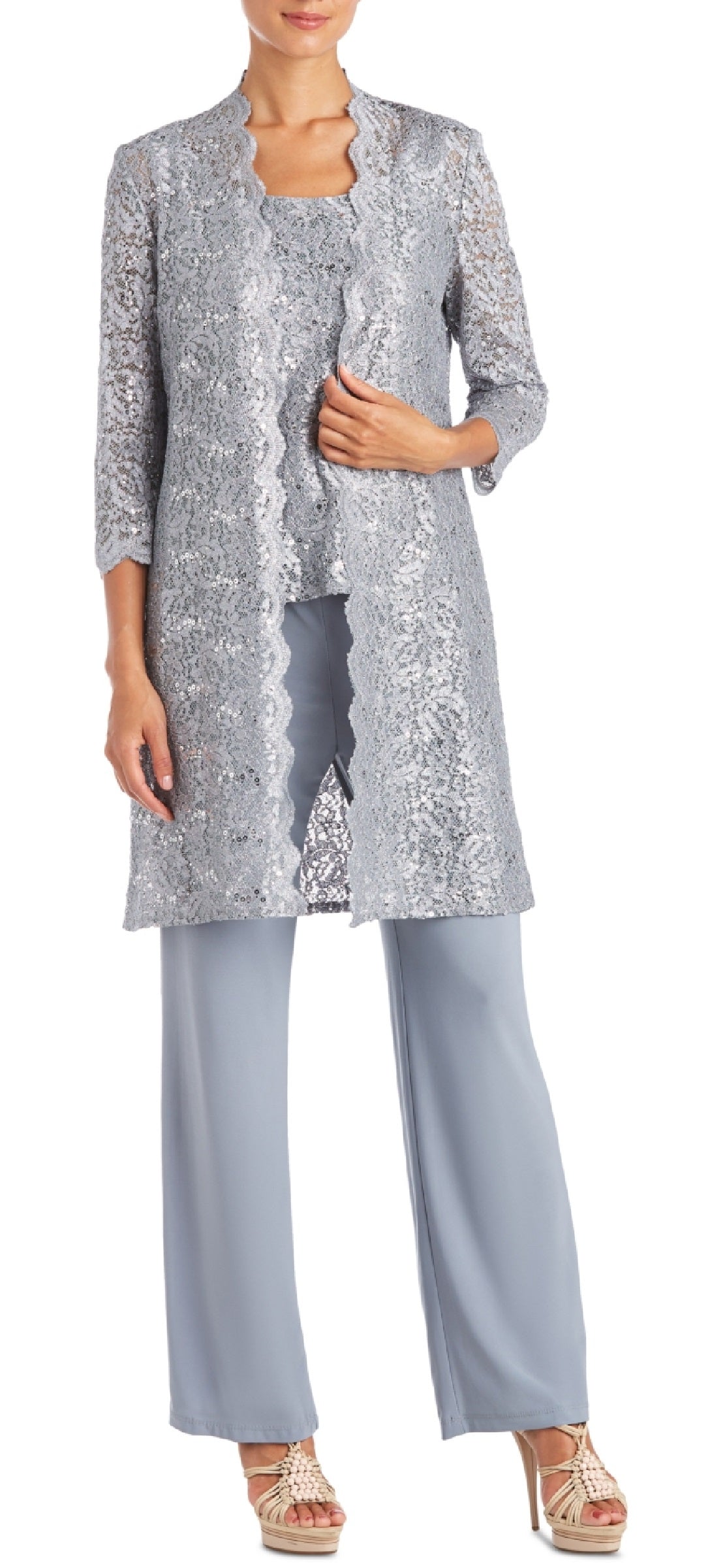 R & M Richards Women's 3 Pc Sequined Lace Pantsuit & Jacket Gray Size 16