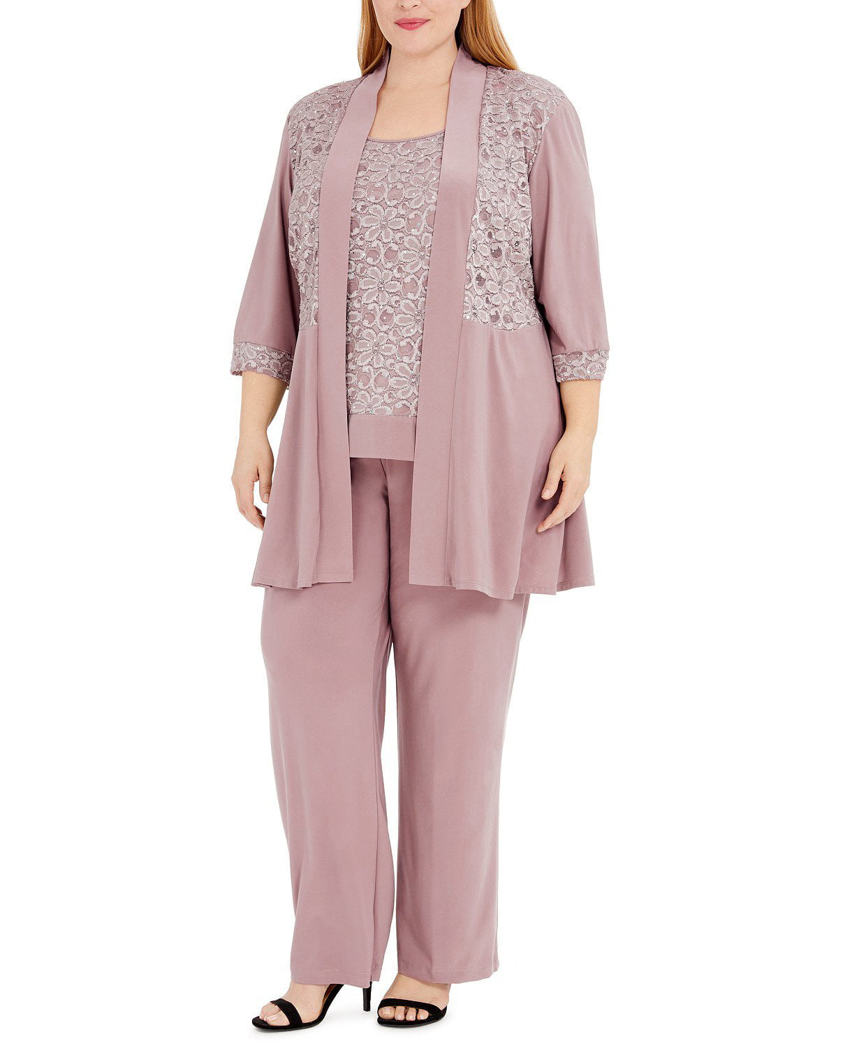 R & M Richards Women's Embellished Lace Jacket Top & Pants Pink Size 20W