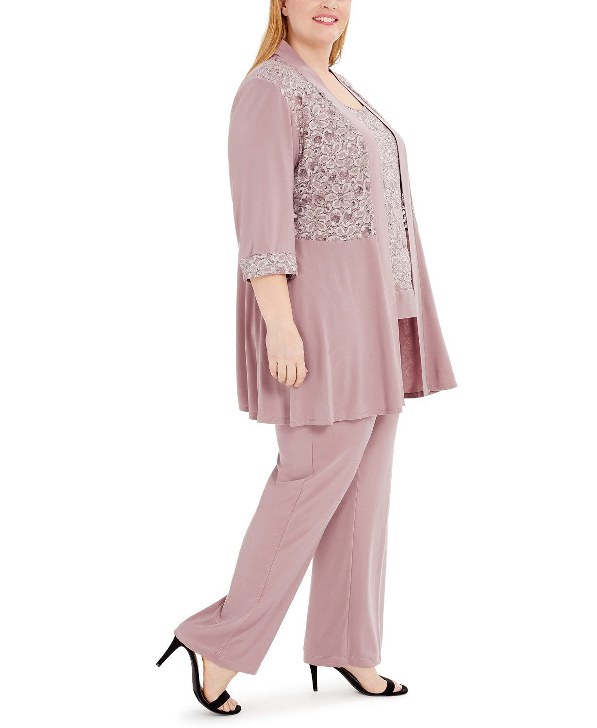 R & M Richards Women's Embellished Lace Jacket Top & Pants Pink Size 20W