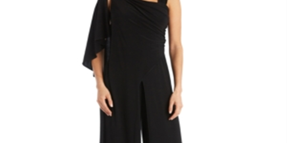 R & M Richards Women's One Shoulder Embellished Jumpsuit Black Size 16