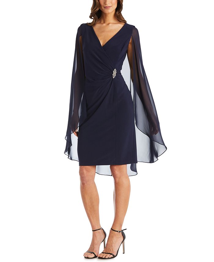R & M Richards Women's Embellished Chiffon Cape Dress Black Size 8Petite
