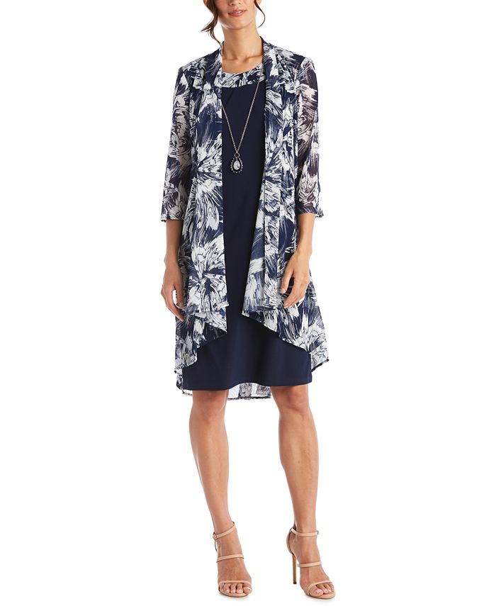 R & M Richards Women's Necklace Dress & Printed Jacket Blue Size 6