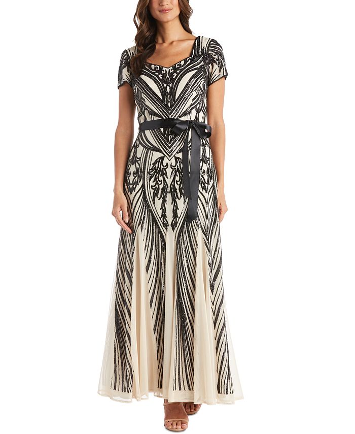 R & M Richards Women's Sequined Belted Dress Brown Size 10