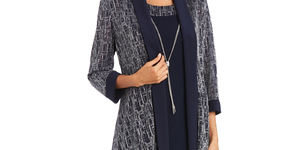 R & M Richards Women's 2 Pc Jacket & Necklace Dress Set Blue Size 16