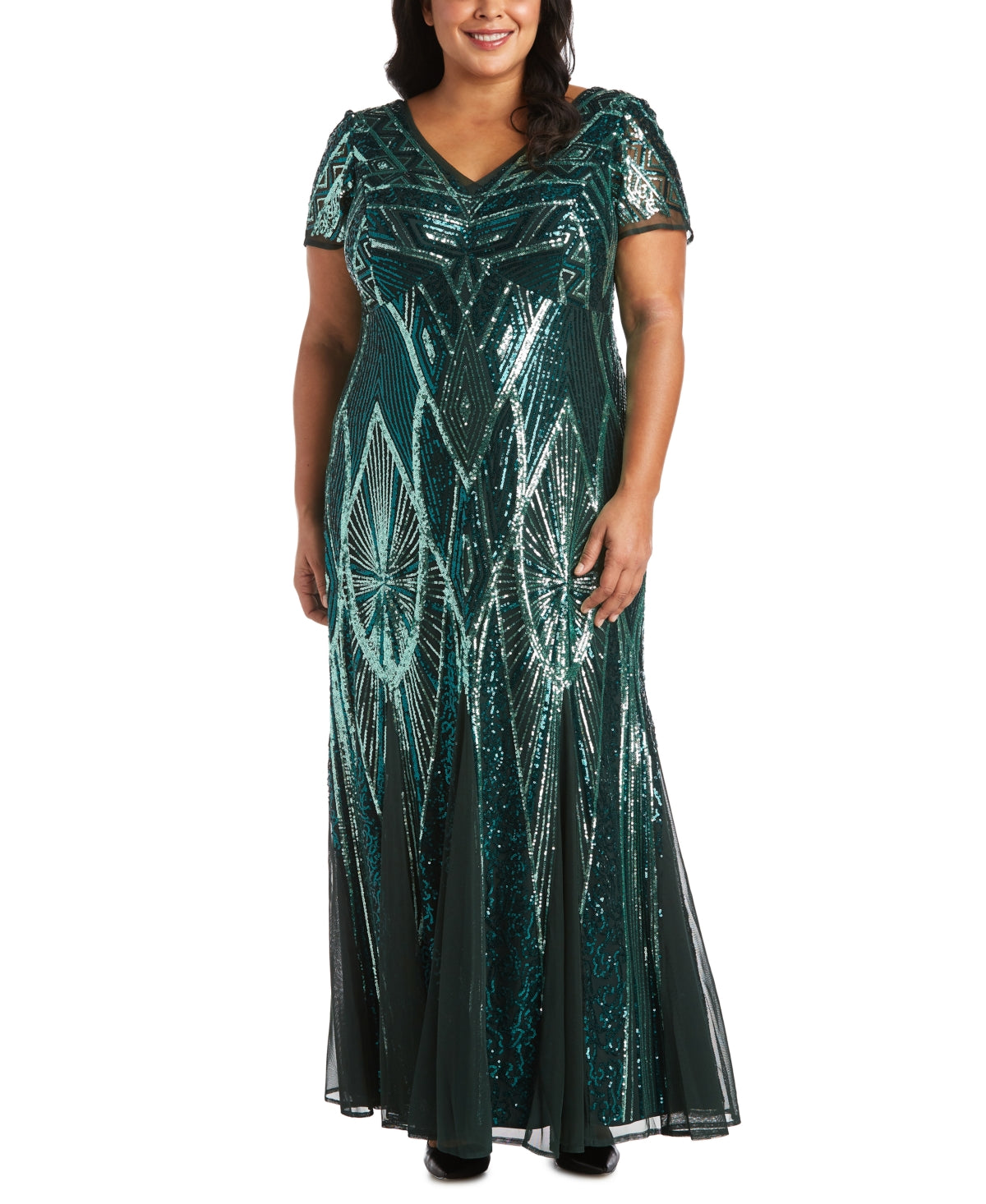 R & M Richards Women's Sequinned Beaded Long Dress Green Size 16W
