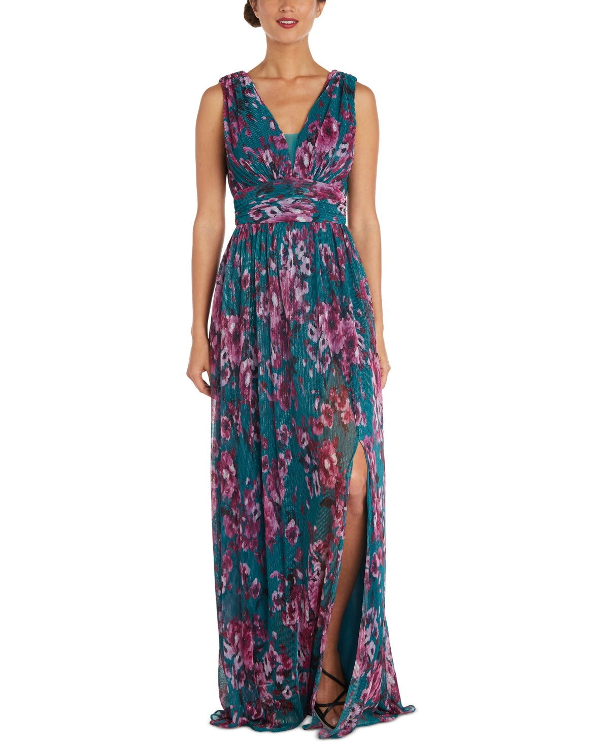 Nightway Women's Floral Print Pleated Gown Blue Size 4
