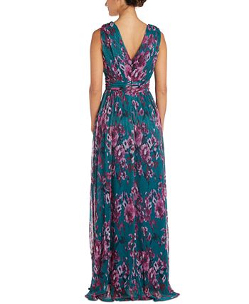 Nightway Women's Floral Print Pleated Gown Blue Size 6