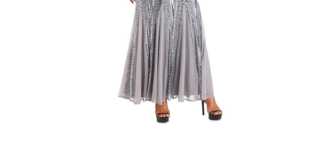 R & M Richards Women's Embellished Godet Gown Gray Size 18
