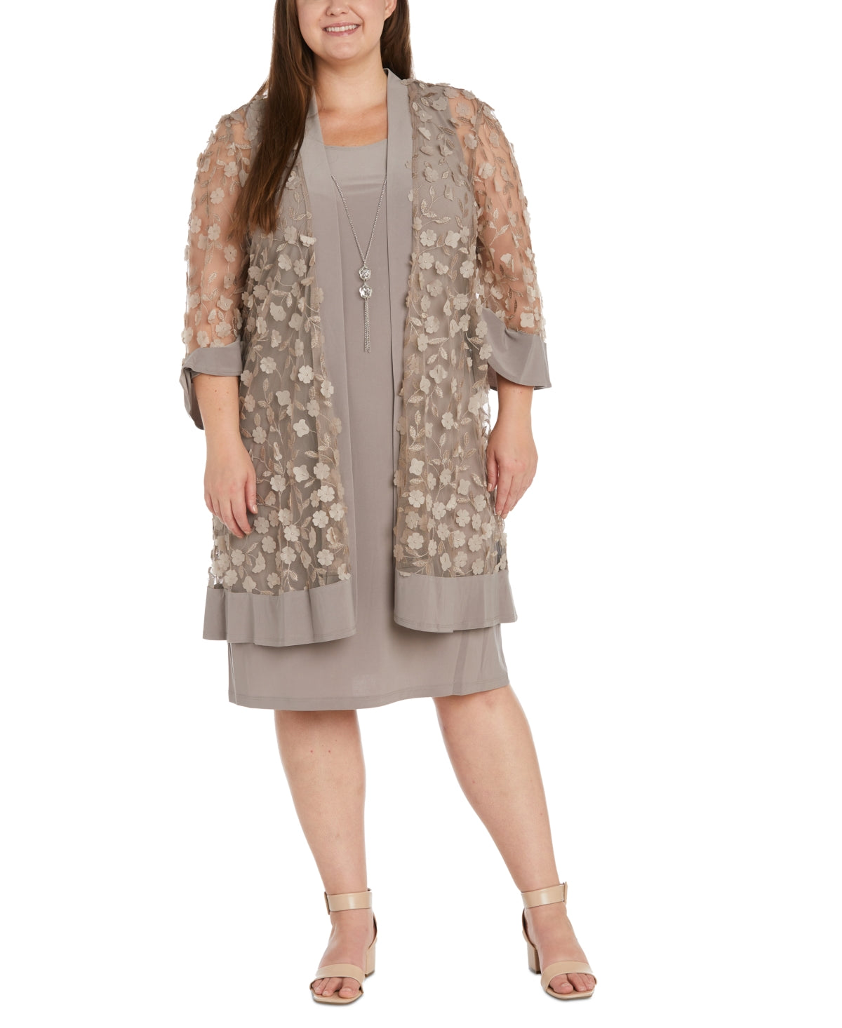 R & M Richards Women's Scoop Neck Dress & Floral Jacket Brown Size 16W