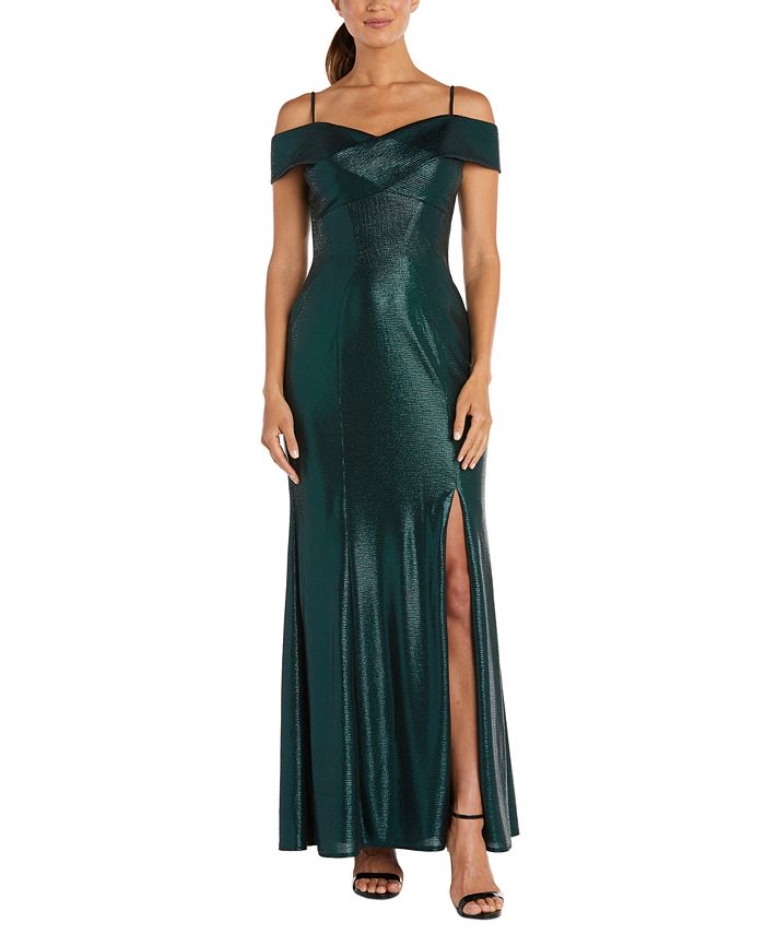 Nightway Women's Off The Shoulder Metallic Gown Gray Size 10Petite