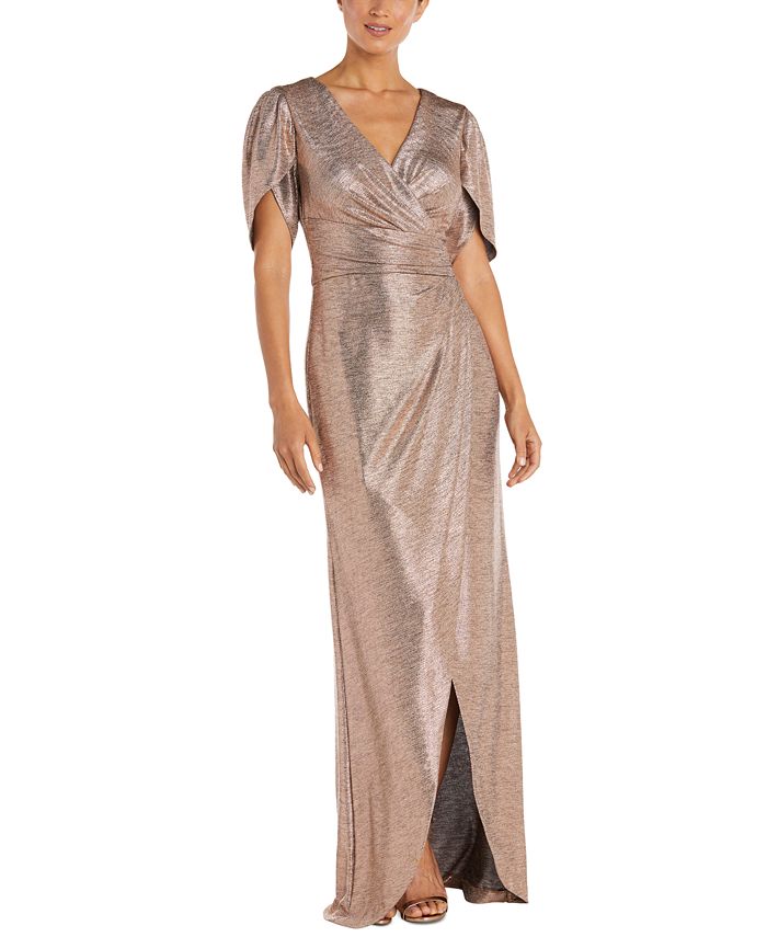 Nightway Women's Shimmer Tulip Sleeve Faux Wrap Gown Yellow Size 10