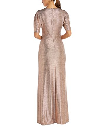 Nightway Women's Shimmer Tulip Sleeve Faux Wrap Gown Yellow Size 10