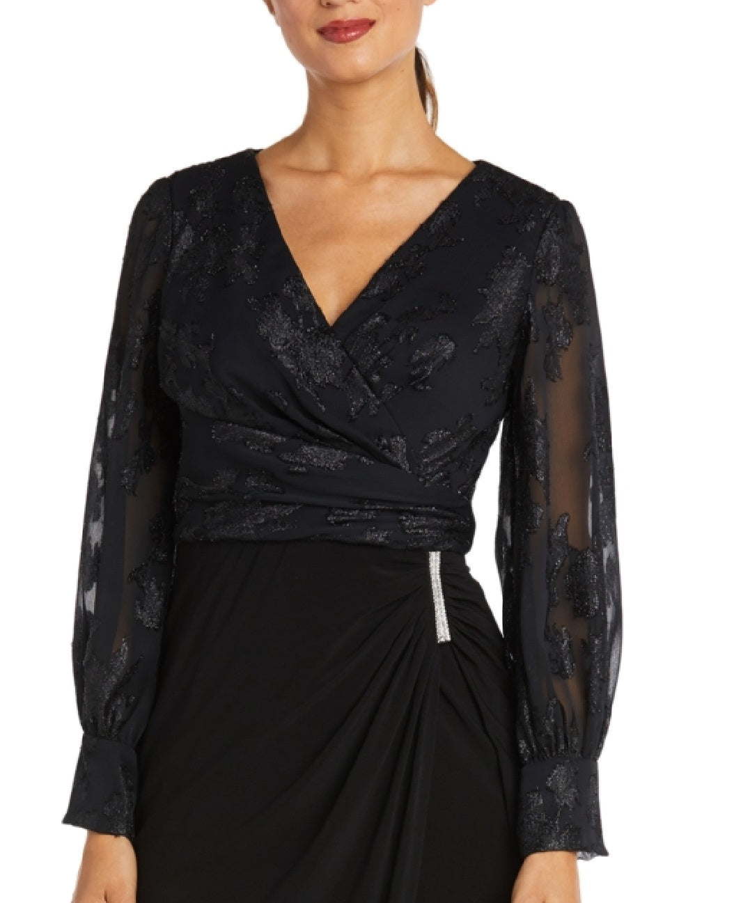 Nightway Women's Jacquard Faux Wrap Gown Black Size 4