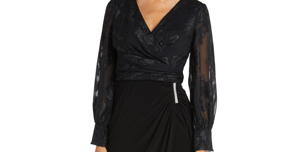 Nightway Women's Jacquard Faux Wrap Gown Black Size 8
