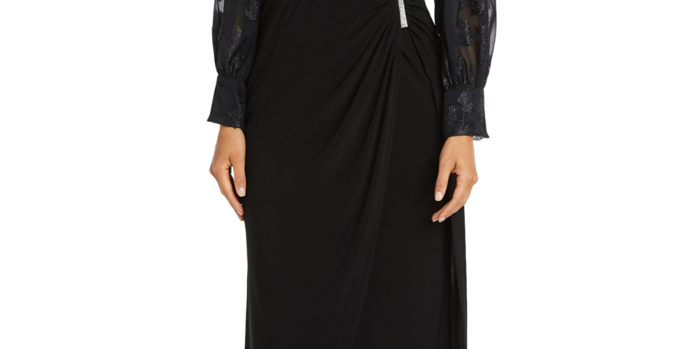 Nightway Women's Jacquard Faux Wrap Gown Black Size 8