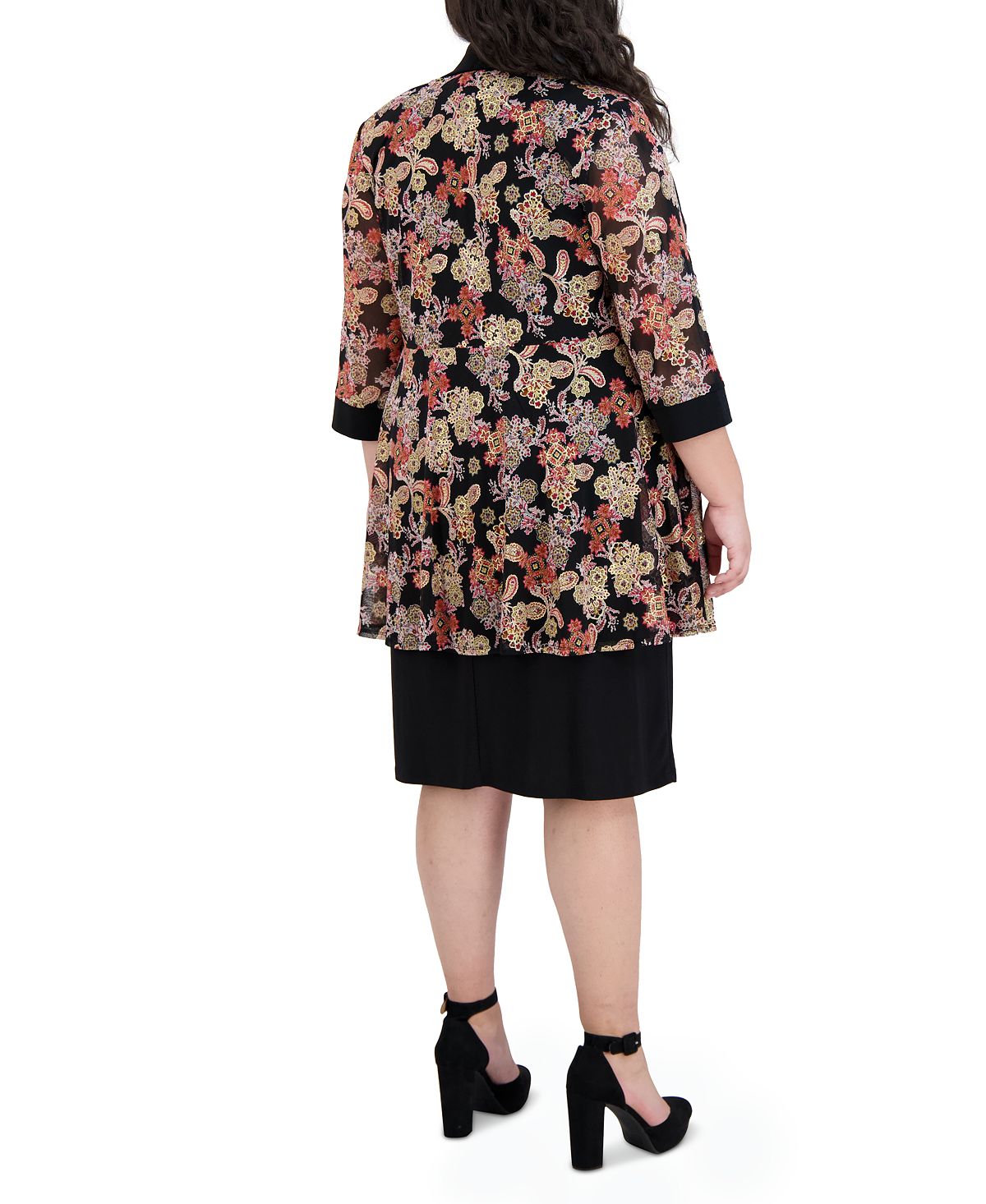 R & M Richards Women's 2 Pc Printed Jacket & Necklace Dress Black Size 16W