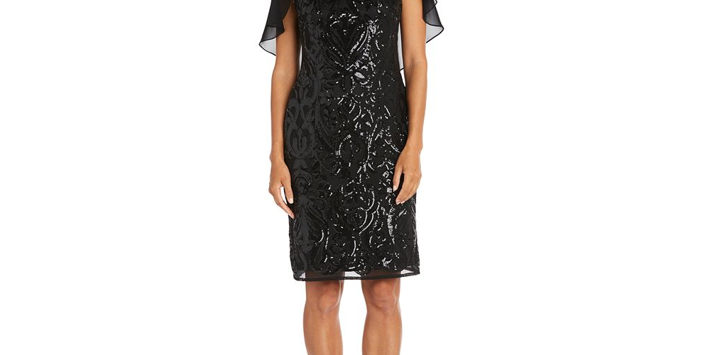 R & M Richards Women's Sequined Capelet Dress Black Size 12