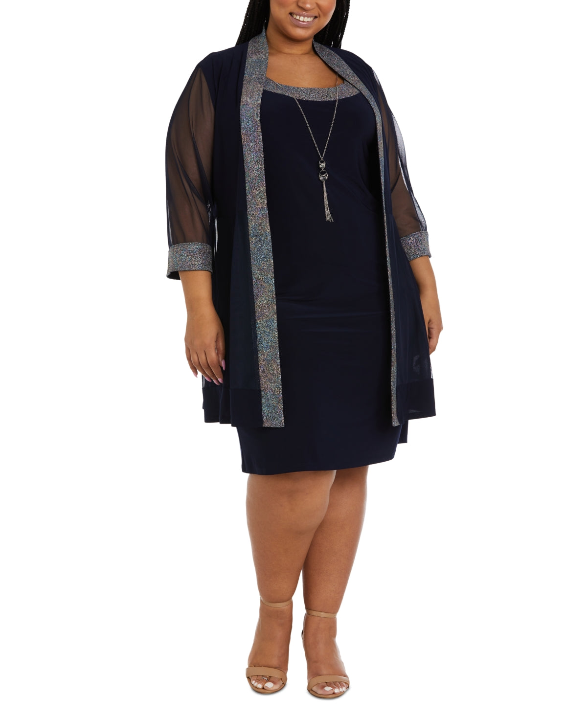 R & M Richards Men's Plus 2 Pc Glitter Trim Jacket & Necklace Dress Blue Size 20W