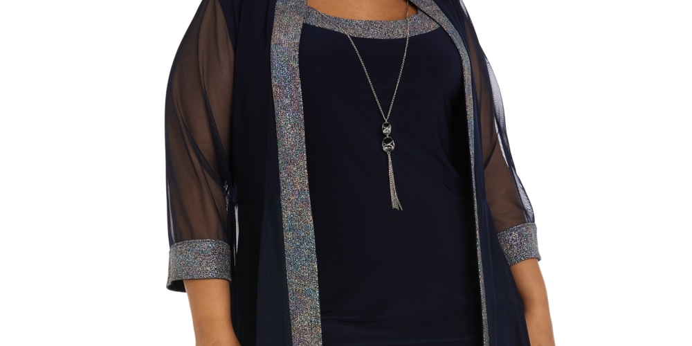 R & M Richards Men's Plus 2 Pc Glitter Trim Jacket & Necklace Dress Blue Size 20W