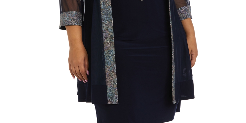 R & M Richards Men's Plus 2 Pc Glitter Trim Jacket & Necklace Dress Blue Size 20W