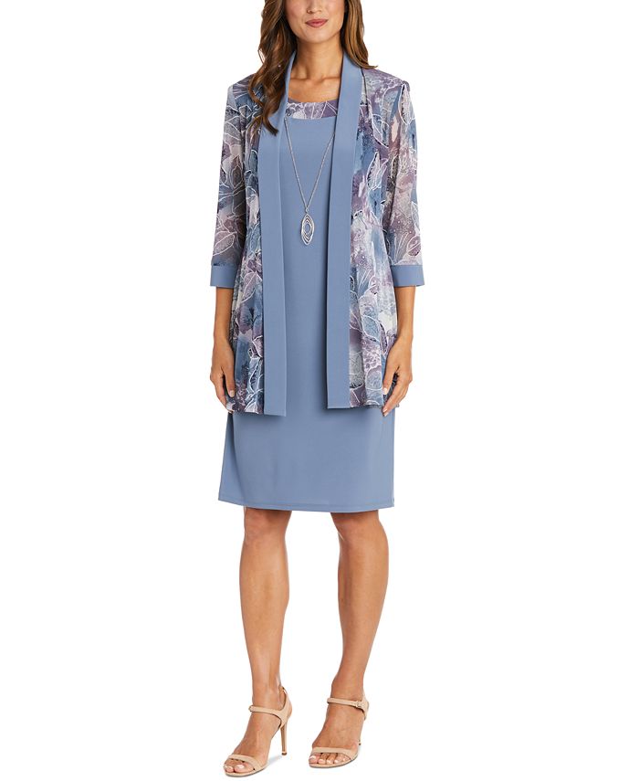 R & M Richards Women's 2 Pc Printed Jacket & Necklace Dress Gray Size 10