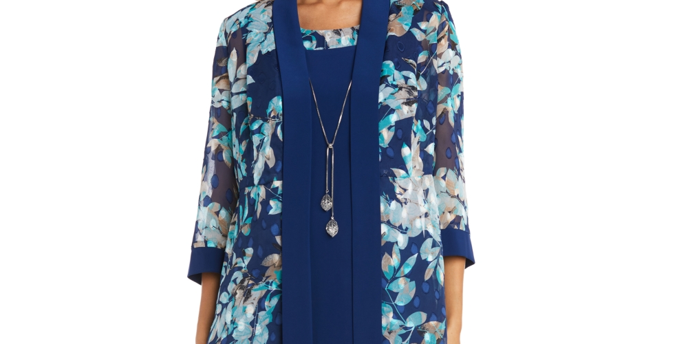 R & M Richards Women's Printed Jacket & Necklace Dress Blue Size 18W