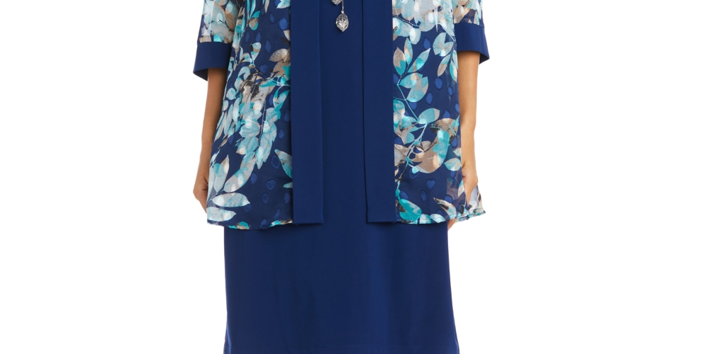 R & M Richards Women's Printed Jacket & Necklace Dress Blue Size 18W