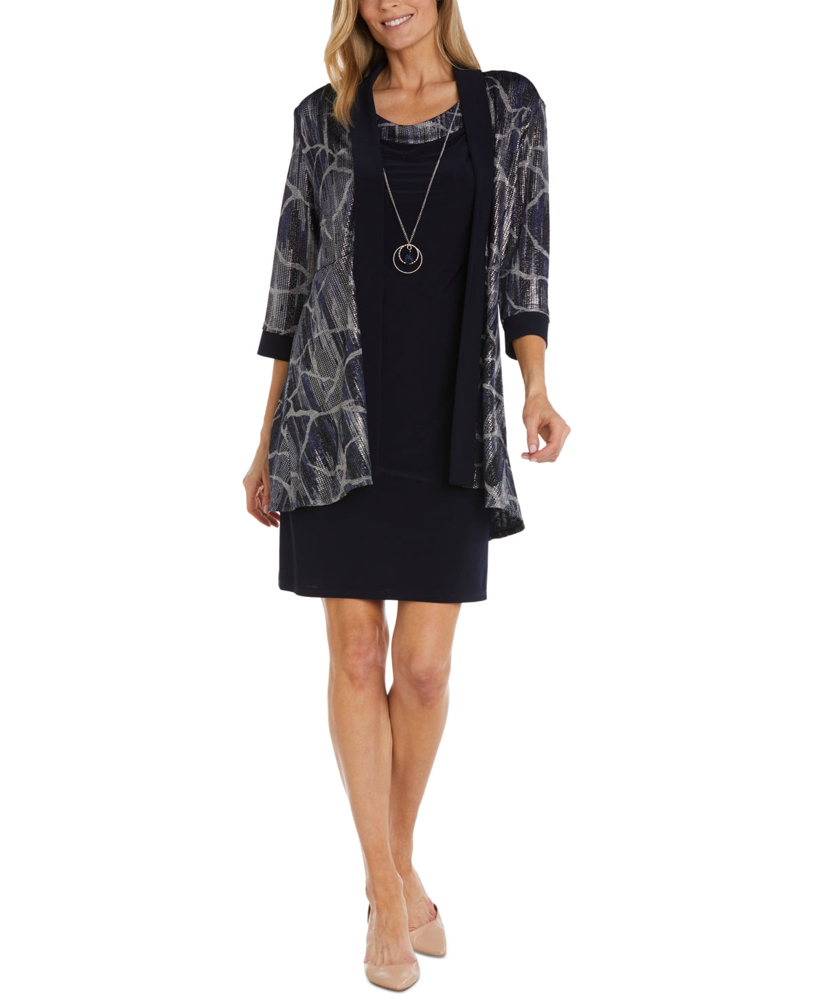 R & M Richards Women's Necklace Printed Jacket Dress Blue Size 14