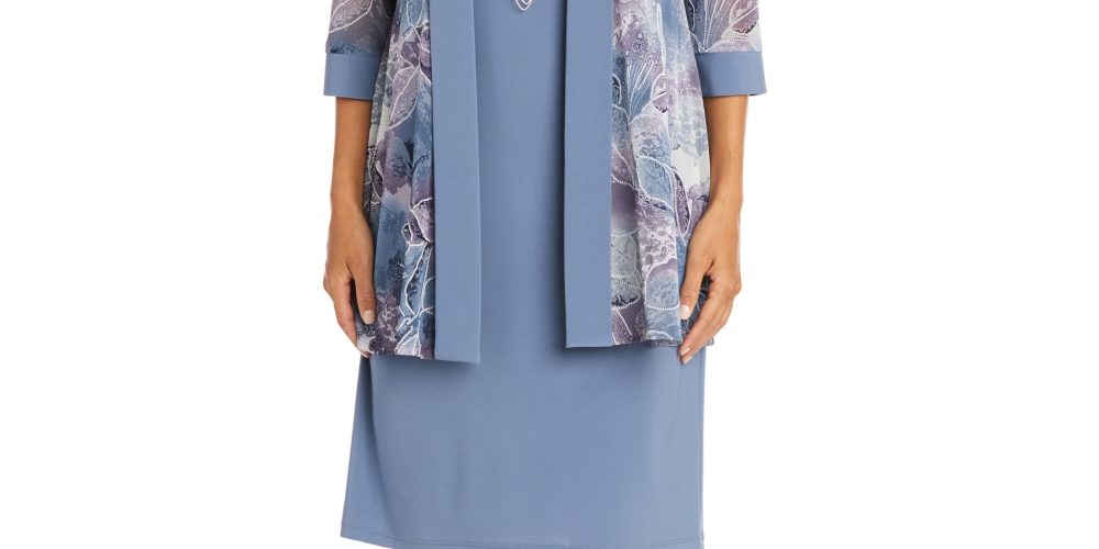 R & M Richards Women's 2 Pc Printed Jacket & Necklace Dress Gray Size 18