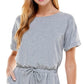 Kingston Women's Stretch Tie Pocketed Drawstring Heather Short Sleeve Crew Neck Wide Leg Romper Gray Size Large