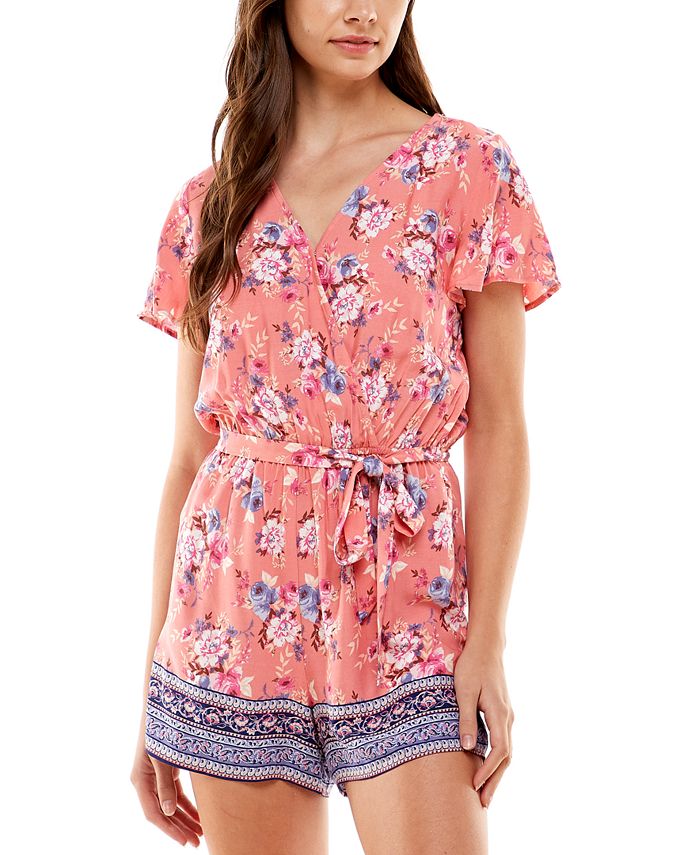Kingston Junior's Belted Flutter Sleeve Romper Coral Multi Size Small