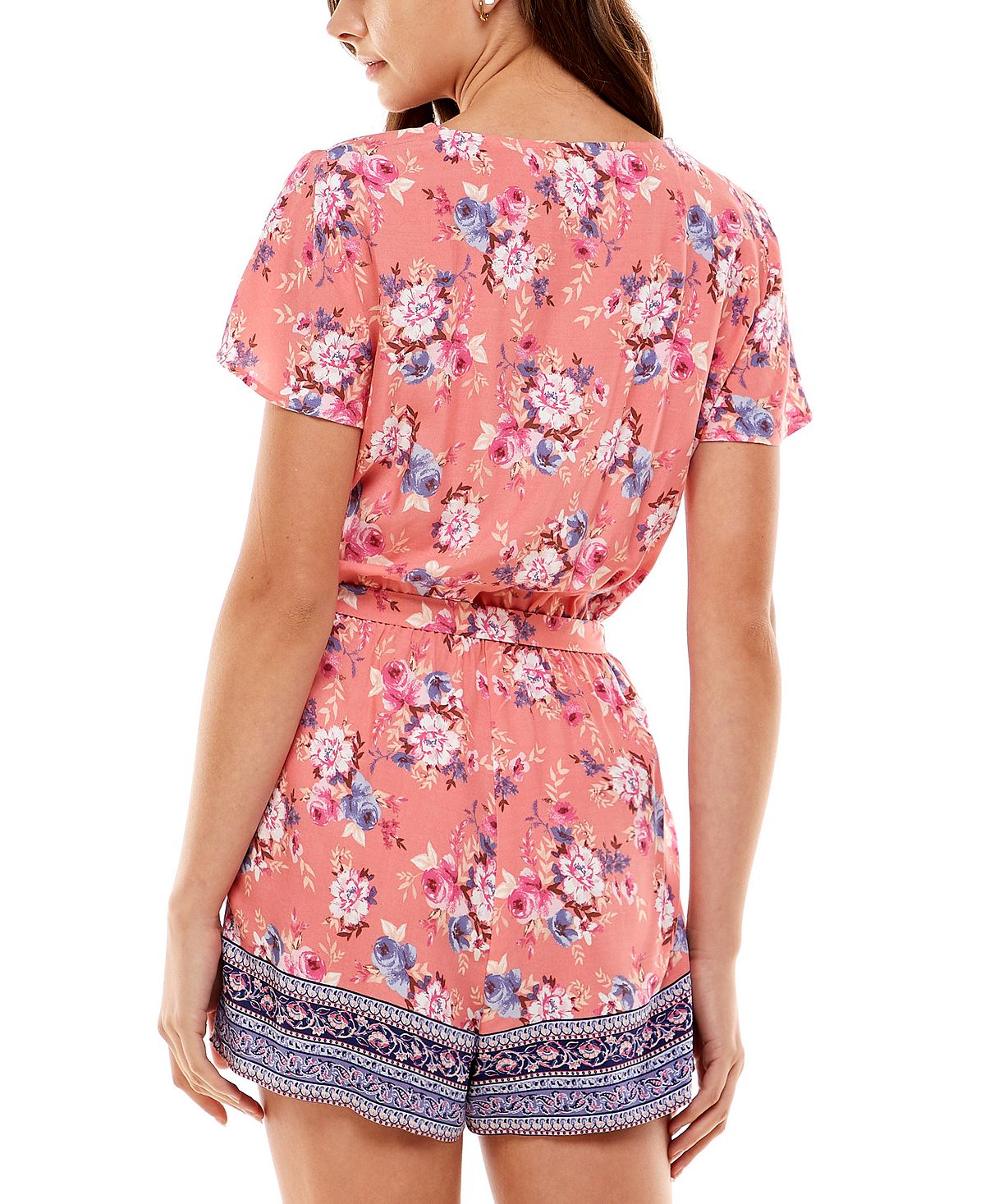 Kingston Junior's Belted Flutter Sleeve Romper Coral Multi Size Small