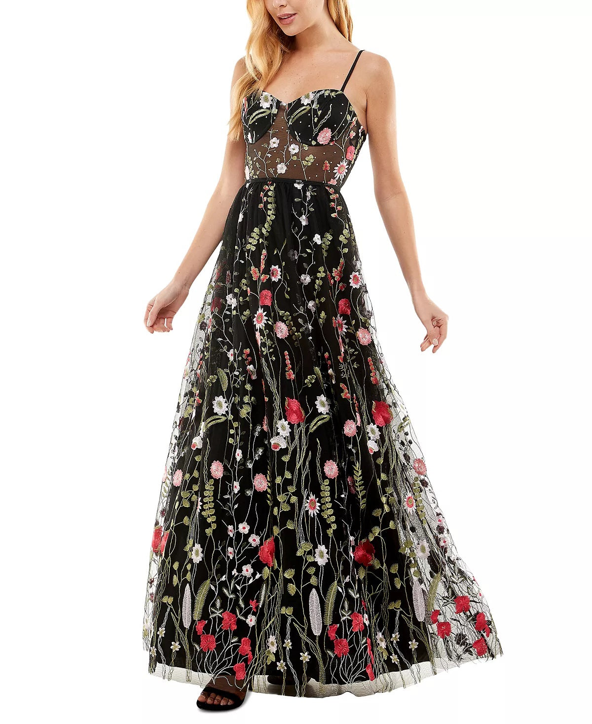 City Studios Junior's Embroidered Illusion Corset Gown Black Size 1